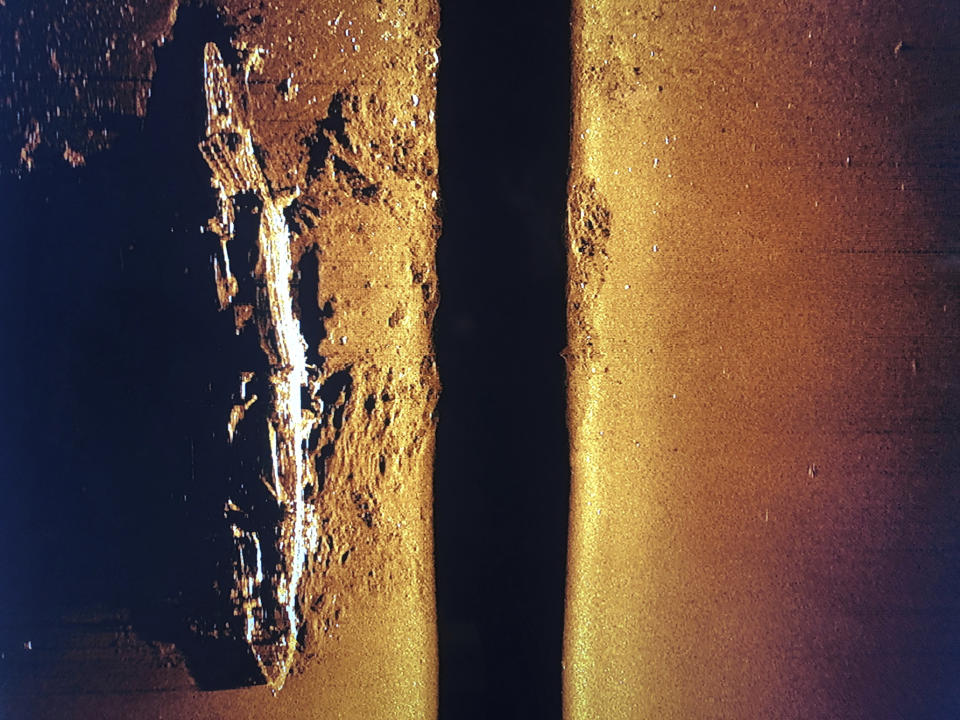 A high frequency sonar image of the flagship Japanese aircraft carrier Akagi is shown aboard the research vessel Petrel on Sunday, Oct. 20, 2019 off Midway Atoll in the Northwestern Hawaiian Islands. The crew of the Petrel confirmed the ship was the Akagi based on its measurements and location. The ship sand during the 1942 WWII Battle of Midway. (AP Photo/Caleb Jones)