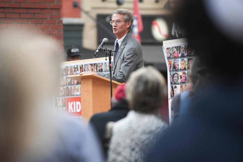 U.S. Rep. Tim Burchett speaks Nov. 16 in Market Square during the local component of a nationwide event called “Bring Them Home” to raise awareness of the Israeli hostages.
