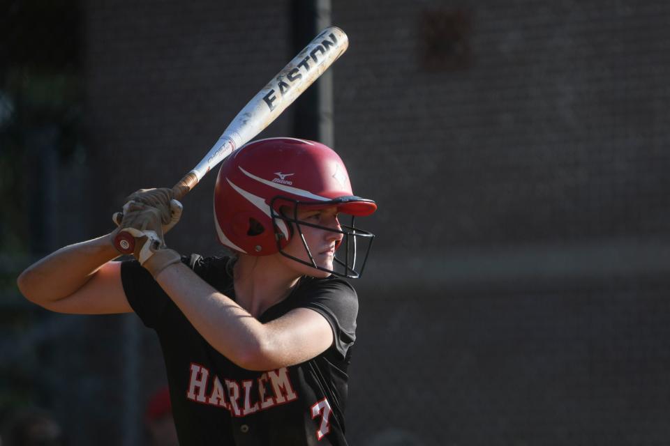 Harlem Caroline Clements (7) up to batt during the Harlem and Lakeside softball game at Harlem High School on Thursday, Aug. 11, 2023. Harlem defeated Lakeside 4-1. 