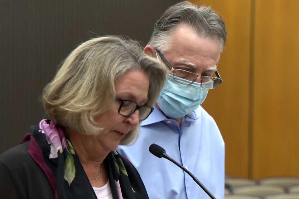 Survivors Gay Hardwick and Bob Hardwick confront Joseph James DeAngelo during the second day of victim impact statements on Wednesday, Aug. 19, 2020, in Sacramento, Calif. DeAngelo attacked Gay and Robert in 1978. / Credit: POOL/San Francisco Chronicle