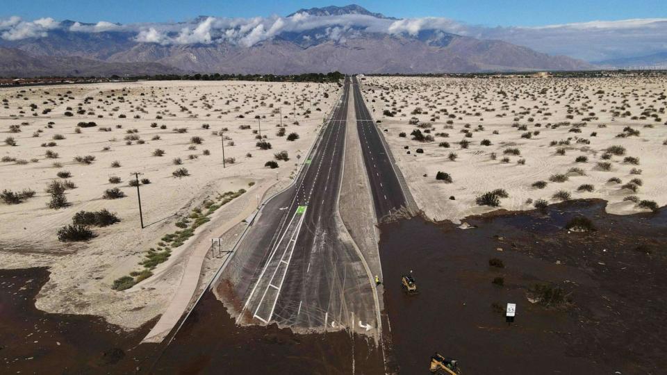 PHOTO: Interstate 10 is devoid of traffice due to flooding and mud crossing the highway following heavy rains from Tropical Storm Hilary, in Rancho Mirage, Calif., Aug. 21, 2023. (David Swanson/AFP via Getty Images)