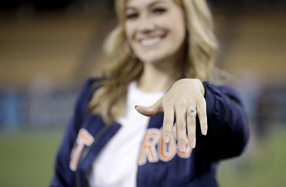 <p>Daniella Rodriguez, former Miss Texas shows off her engagement ring after Houston Astros shortstop Carlos Correa purposed after Game 7 of baseball’s World Series Wednesday, Nov. 1, 2017, in Los Angeles. The Astros won 5-1 to win the series 4-3 against the Los Angeles Dodgers. (AP Photo/Jae C. Hong) </p>