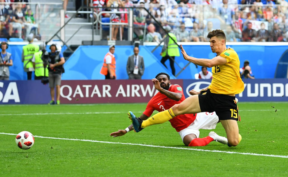<p>Belgium’s Thomas Meunier scores their first goal (REUTERS/Dylan Martinez) </p>