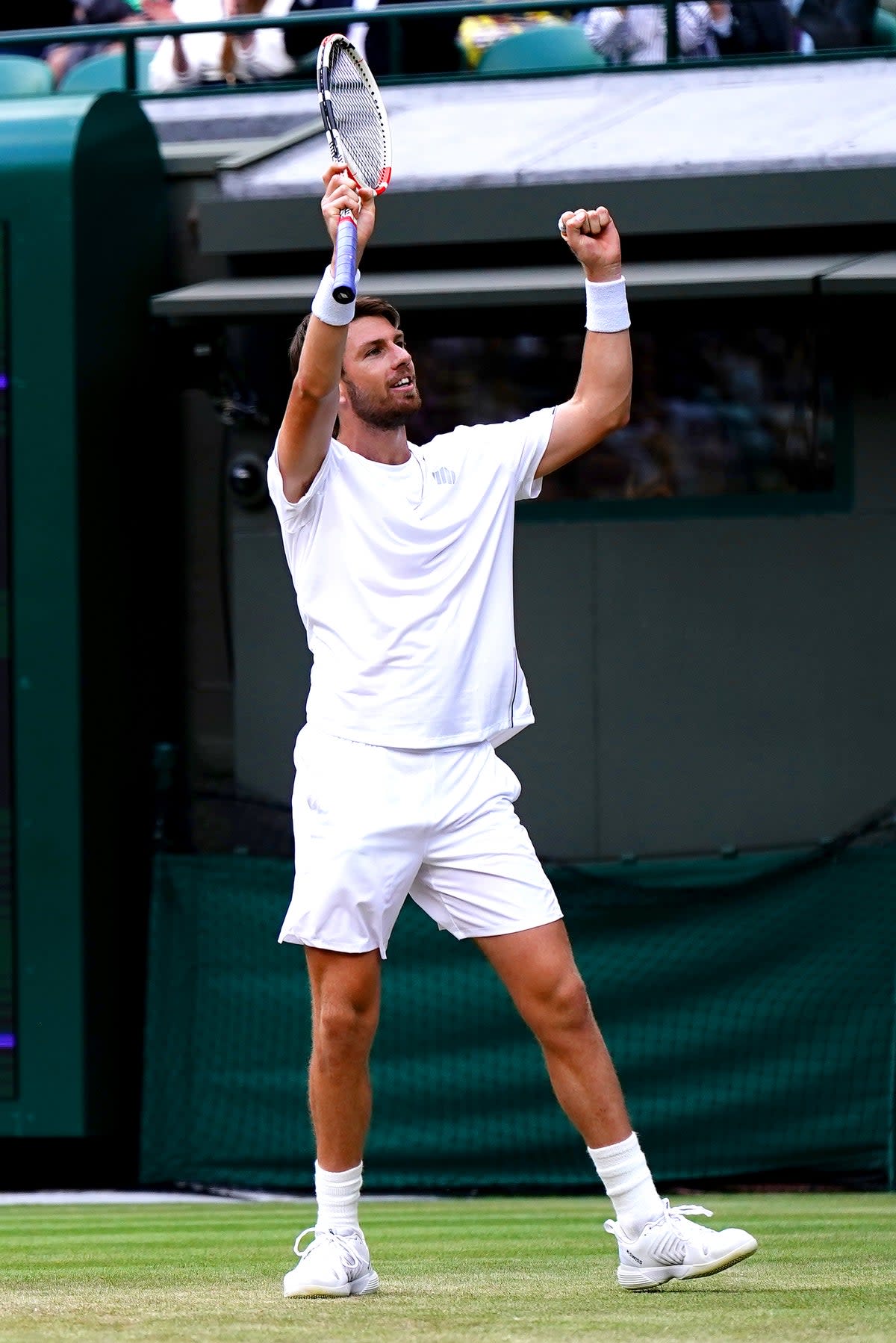 Cameron Norrie celebrates winning his Gentlemen’s Singles fourth round match against Tommy Paul on court 1 during day seven of the 2022 Wimbledon Championships at the All England Lawn Tennis and Croquet Club, Wimbledon. Picture date: Sunday July 3, 2022. (PA Wire)