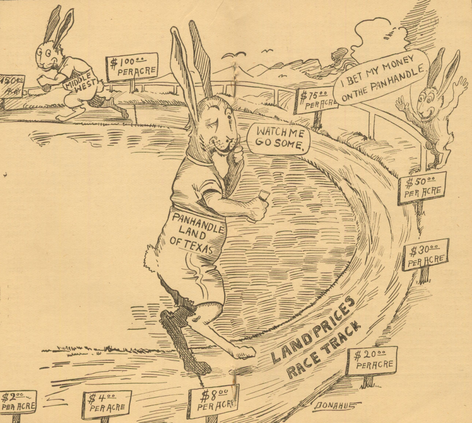 A cartoon in "The Panhandle of Texas" promotional by Lakenan and Barnes displays the race to increased land prices, boasting the profitability of grasslands in the High Plains.