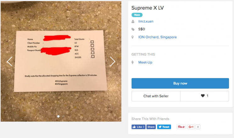 Ballot tickets needed to purchase items from the Louis Vuitton and Supreme collaboration are being sold on Carousell. (Photo: Carousell Screen grab)