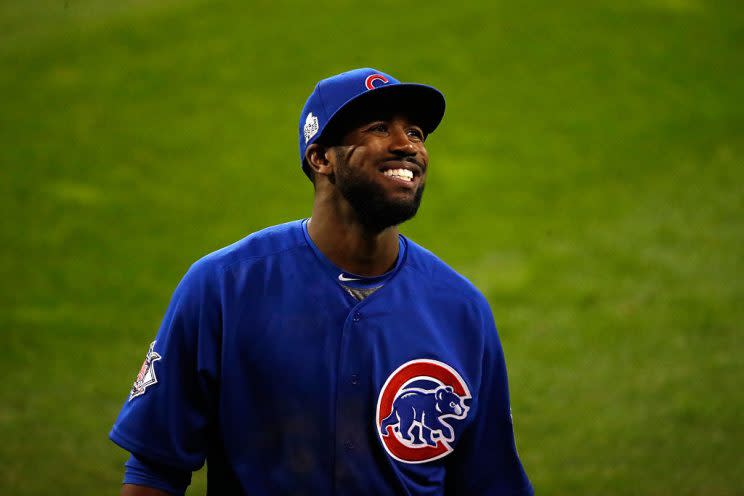 CLEVELAND, OH - NOVEMBER 02: Dexter Fowler #24 of the Chicago Cubs reacts during the seventh inning against the Cleveland Indians in Game Seven of the 2016 World Series at Progressive Field on November 2, 2016 in Cleveland, Ohio. (Photo by Gregory Shamus/Getty Images)