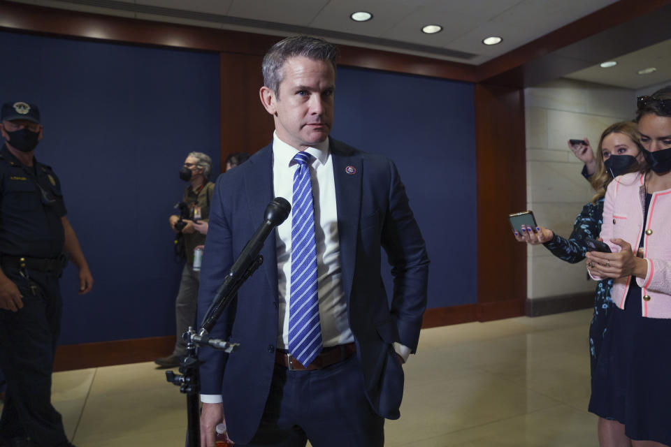 Rep. Adam Kinzinger, R-Ill., speaks to reporters about his support for Rep. Liz Cheney, R-Wyo., after she was removed from her leadership post in the House Republican Conference because of her repeated criticism of former President Donald Trump, at the Capitol in Washington, Wednesday, May 12, 2021. Like Cheney, Rep. Kinzinger was one of ten House Republicans who voted to impeach President Donald Trump this year charging him with "incitement of insurrection." (AP Photo/J. Scott Applewhite)