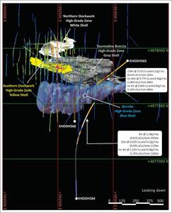 3D plan view of Stockwork Hill showing the main high-grade zones and currently reported drill holes.