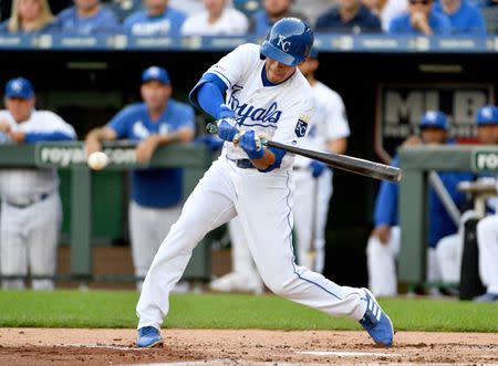 May 14, 2019; Kansas City, MO, USA; Kansas City Royals second baseman Nicky Lopez (1) flies out in the first inning against the Texas Rangers during his Major League debut at Kauffman Stadium. Mandatory Credit: Denny Medley-USA TODAY Sports