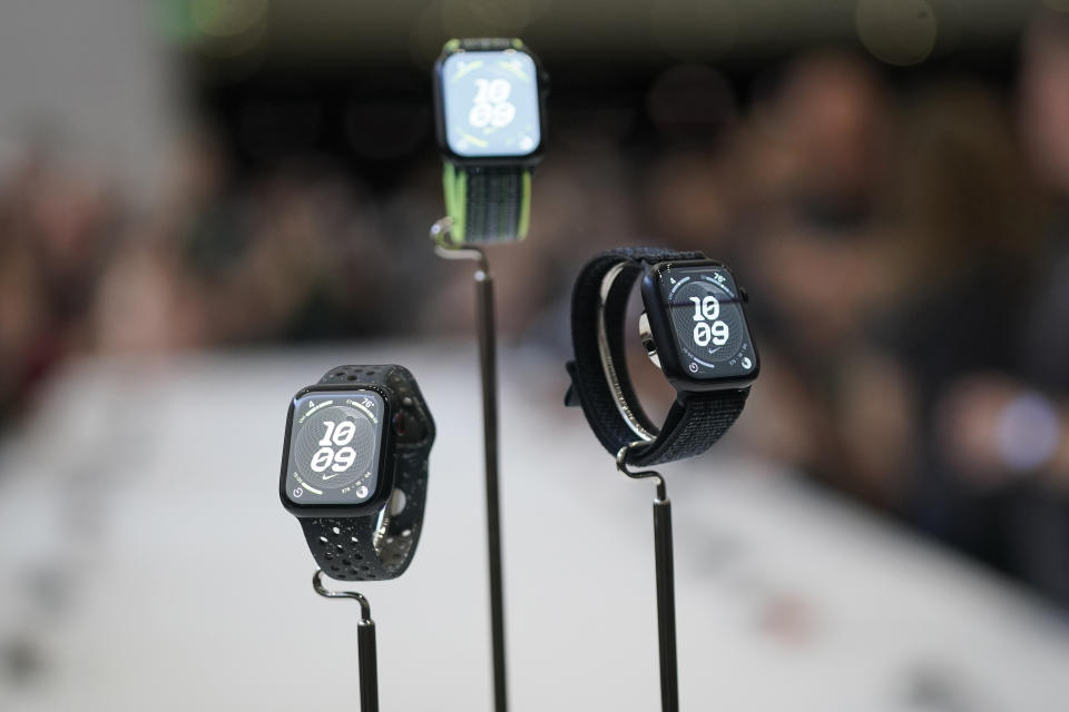 Apple Watches are displayed during an announcement of new products on the Apple campus Tuesday, Sept. 12, 2023, in Cupertino, Calif. (AP Photo/Jeff Chiu)