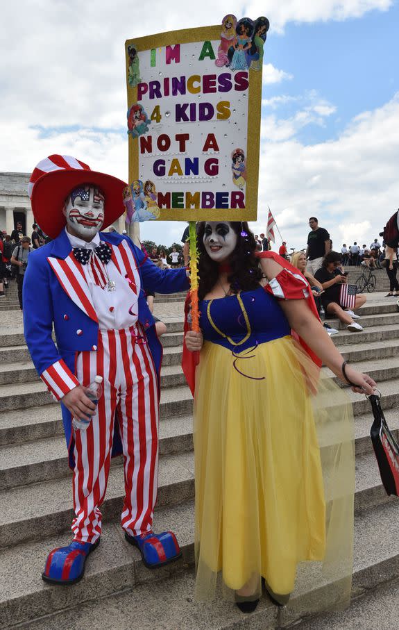 Dressed up fans of the US rap group Insane Clown Posse, known as Juggalos, gather on September 16, 2017 in front of the Lincoln Memorial in Washington, D.C. to protest against a 2011 FBI decision to classify their movement as a gang. / AFP PHOTO / Paul J. Richards        (Photo credit should read PAUL J. RICHARDS/AFP/Getty Images)