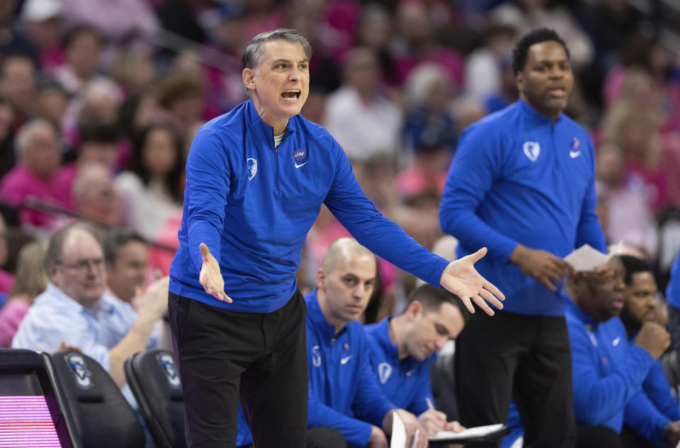 DePaul interim coach Matt Brady yells to players during the first half of the team's NCAA college basketball game against Creighton on Saturday, Jan. 27, 2024, in Omaha, Neb. (AP Photo/Rebecca S. Gratz)