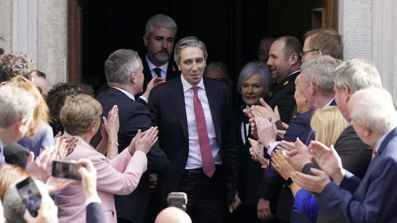 Newly elected Taoiseach Simon Harris, gestures as he leaves the Dail, following the vote by Irish parliamentarians to elect him, making him the youngest Taoiseach in the Republic of Ireland's history. Niall Carson/PA Wire/dpa