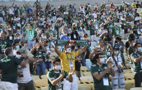 Fans of Brazil's Palmeiras cheer prior a Copa Libertadores final soccer match against Brazil's Santos at the Maracana stadium in Rio de Janeiro, Brazil, Saturday, Jan. 30, 2021. (Ricardo Moraes/Pool via AP)