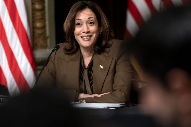 U.S. Vice President Kamala Harris delivers remarks in Feb. 2022 on the fight for voting rights in the Indian Treaty Room at the White House. On Monday, Harris will unveil a new set of health care rules which will increase pay and access to improve quality of care for seniors and those differently-abled. File photo by Leigh Vigel/UPI