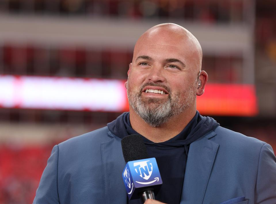KANSAS CITY, MISSOURI - SEPTEMBER 15: Thursday Night Football Commentator and former NFL player Andrew Whitworth talks during pregame before the game between the Los Angeles Chargers and Kansas City Chiefs at Arrowhead Stadium on September 15, 2022 in Kansas City, Missouri. (Photo by Jamie Squire/Getty Images) ORG XMIT: 775825838 ORIG FILE ID: 1424091730