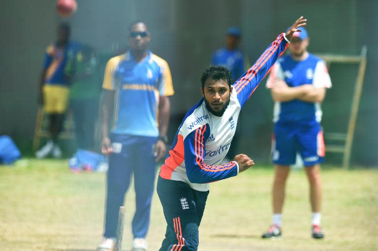 England's Adil Rashid delivers a ball during a training session at the Kensington Oval Stadium in Bridgetown on April 30, 2015