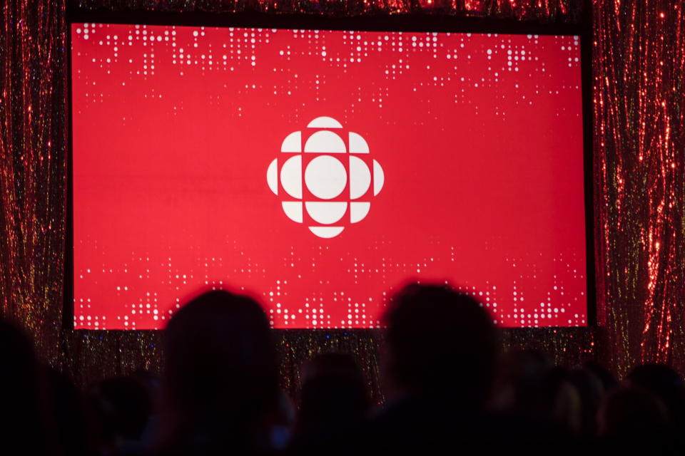 The Canadian Broadcasting Corporation logo is projected onto a screen on May 29, 2019, in Toronto. The CBC paused its use of Twitter on Monday, April 17, 2023, after the social media platform owned by Elon Musk stamped CBC’s account with a label the public broadcaster says is intended to undermine its credibility. (Tijana Martin/The Canadian Press via AP)