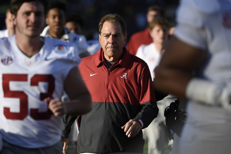 Alabama Crimson Tide head coach Nick Saban leaves the field after the first half against the Michigan Wolverines in the 2024 Rose Bowl Game on Monday at Rose Bowl Stadium in Pasadena, Calif. Photo by Jon SooHoo/UPI