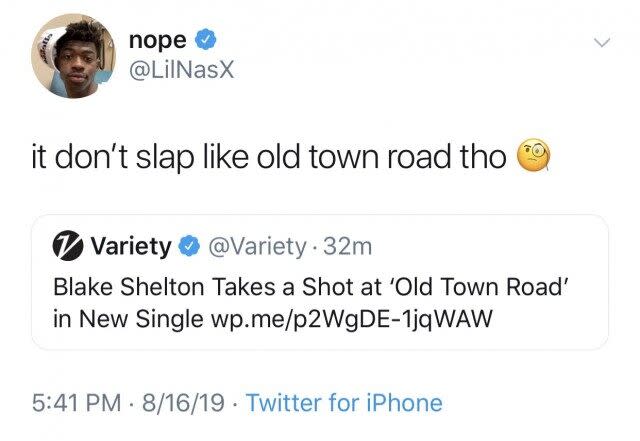 Lyrics in Shelton's new song mentioned the rapper's mega-hit, 'Old Town Road.'