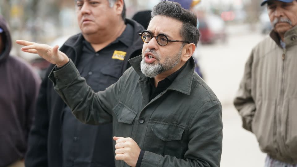 Saket Soni, executive director of Resilience Force, speaks to workers in a parking lot in LaPlace, Louisiana, on February 07, 2022. - Josh Brasted/Getty Images