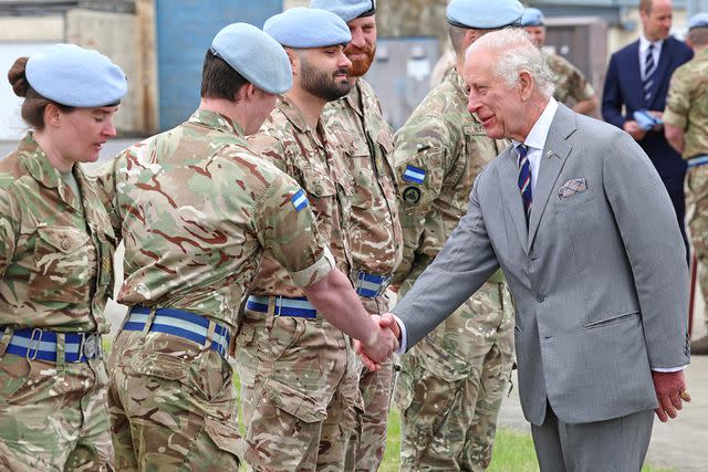 <p>Chris Jackson/Getty Images</p> King Charles at the Army Aviation Centre on May 13, 2024.