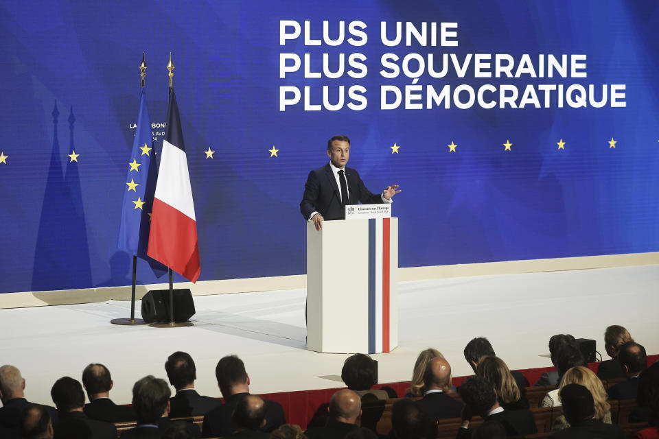 French President Emmanuel Macron delivers a speech on Europe in the amphitheater of the Sorbonne University, Thursday, April 25 in Paris. 2024. French President Emmanuel Macron will outline his vision for Europe as a more assertive global power at the backdrop of war in Ukraine, security, and economic challenges in a speech ahead of pivotal election for the European Parliament in June. (Christophe Petit Tesson, Pool via AP)