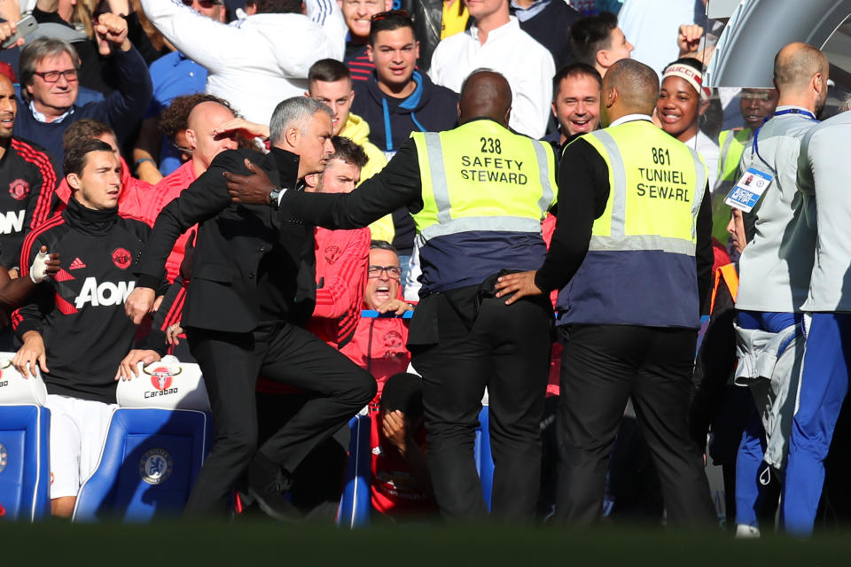 Jose Mourinho was involved in a touchline bust-up after Chelsea’s late equaliser