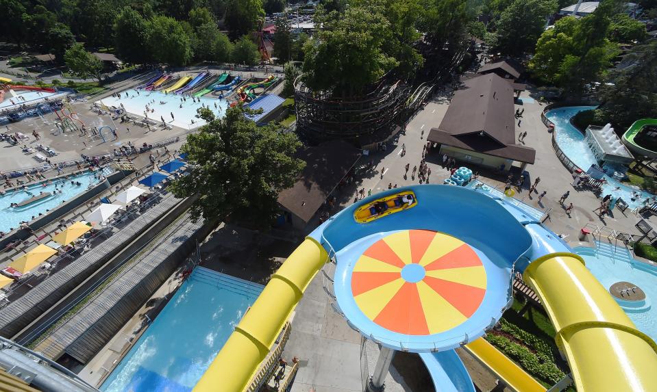 Riders make a turn, center, on the new Rocket Blast water ride at Waldameer Park & Water World in Millcreek Township on July 7, 2023.