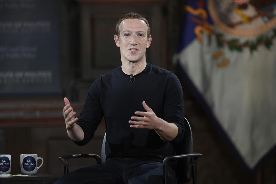 FILE - In this Oct. 17, 2019, file photo Facebook CEO Mark Zuckerberg speaks at Georgetown University in Washington. A state-level antitrust investigation launched last month into the social networking giant now has the backing of a bipartisan group of 47 attorneys general, New York Attorney General Letitia James said Tuesday, Oct. 22. (AP Photo/Nick Wass, File)