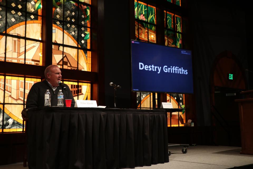 The Republican candidates for seat A on the Iron County Commission, Mike Bleak (left) and Destry Griffiths (right), participated in a primary debate at Southern Utah University, although Griffiths attended virtually. June 13, 2022