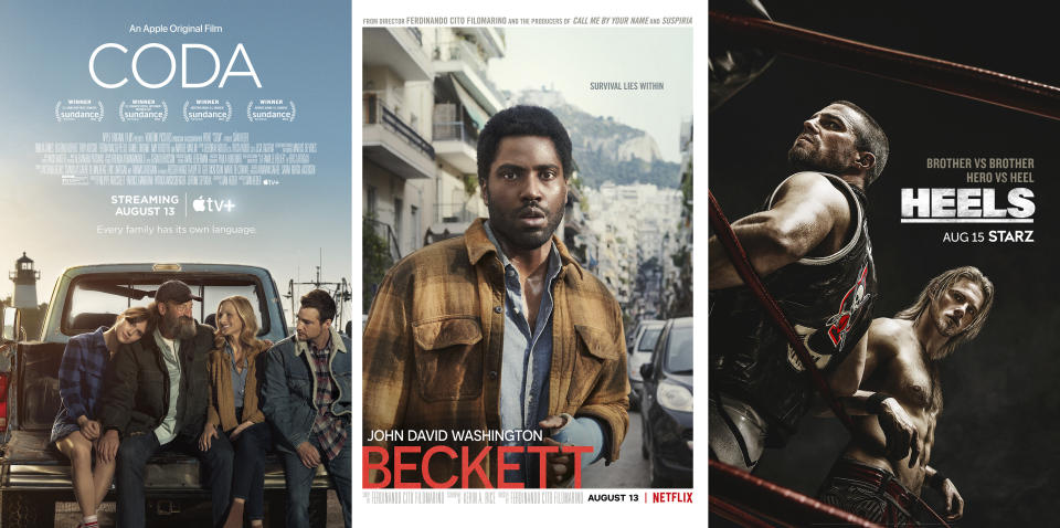 This combination of photos shows promotional art for the film "Coda," streaming August 13 on AppleTV+, left, "Beckett," a Netflix film streaming August 13, center, and "Heels," a series premiering August 15 on Starz. (AppleTV Plus/Netflix/Starz via AP)