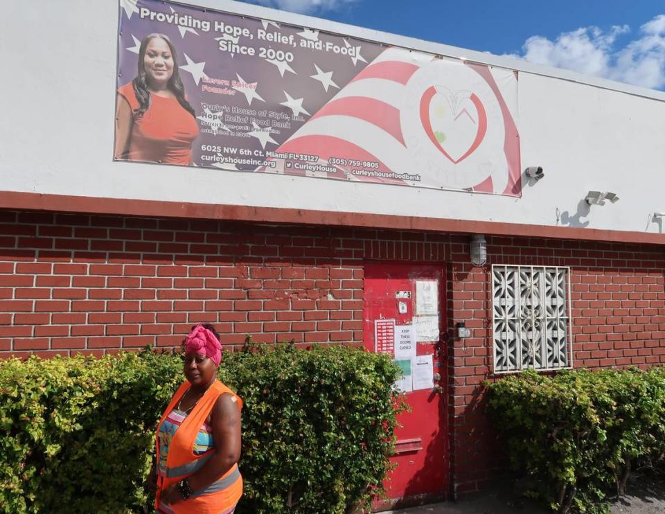 Falicia Douglas standing in front of Curley’s House Food Bank on Nov. 8, 2023. A man she met on the job became her boyfriend.