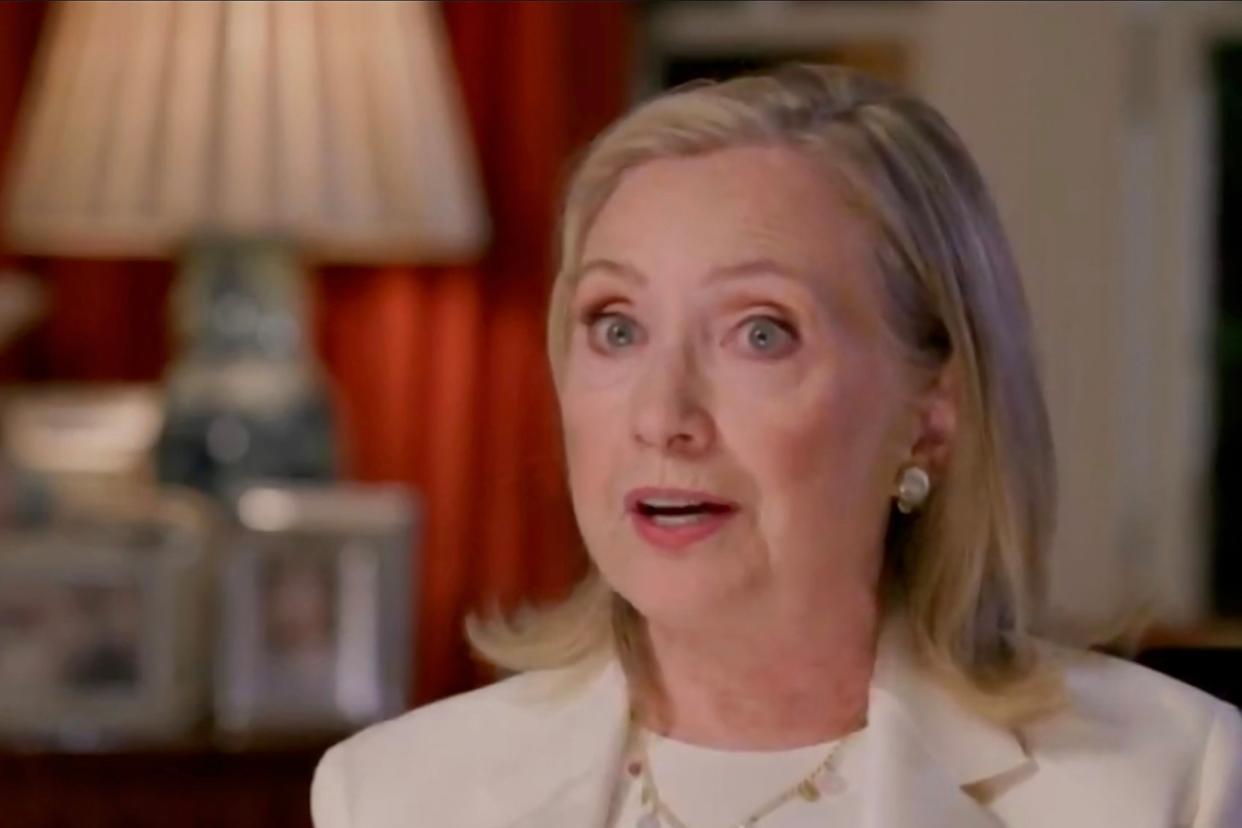  In this screenshot from the DNCC’s livestream of the 2020 Democratic National Convention, former first lady and Secretary of State Hillary Clinton addresses the virtual convention on 19 August, 2020. Ms Clinton has accused elected officials of sowing division by repeating unfounded claims of 2020 election fraud. (DNCC via Getty Images)