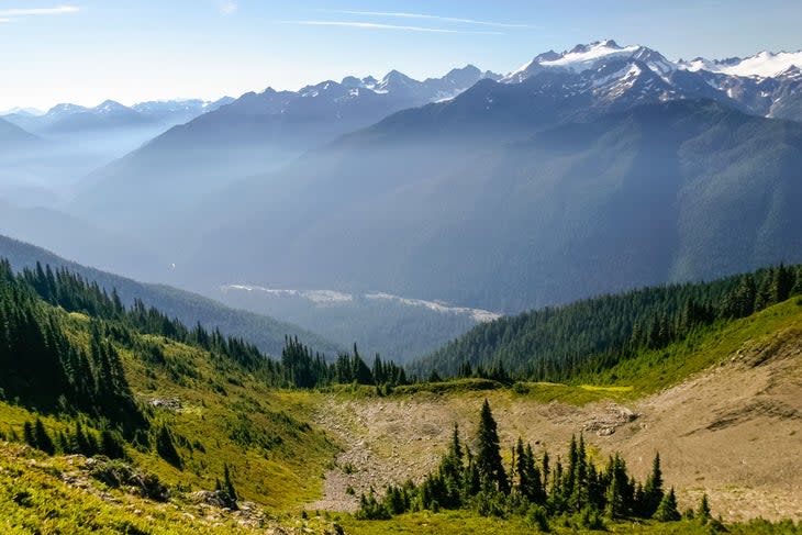 Glaciated Mount Olympus, the highest point of the Olympic Mountains, looms high above the Hoh River valley. Smoke haze fills part of the valley from a nearby wildfire. <span class="o-credit u-space--quarter--left">Photo: Lidija Kamansky/Moment via Getty Images</span>