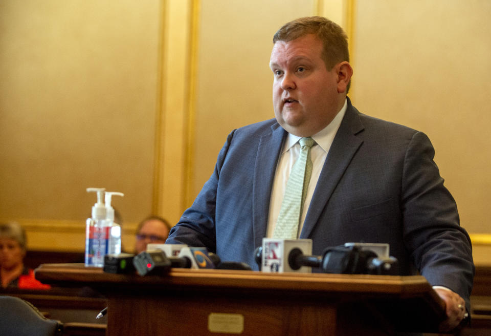 Attorney Philip L. Ellison speaks during a show cause hearing on Monday, July 26, 2021 at Genesse County Circuit Court in downtown Flint, Mich in response to a lawsuit that claims Shiawassee commissioners violated the state Open Meetings Act by deliberating about the COVID-19 hazard payments behind closed doors. (Jake May/The Flint Journal via AP)