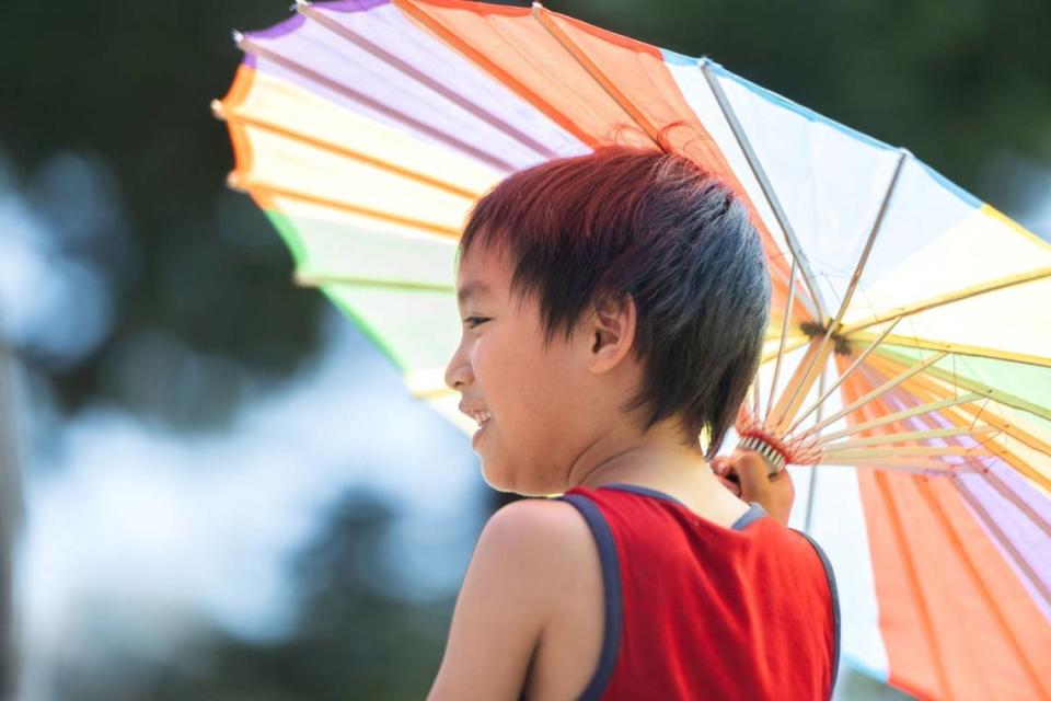Oliver Shu, 5, twirls a rainbow umbrella during Sacramento’s annual Pride March on Sunday, June 9, 2024. Shu has been coming to pride since he was a baby, and he used the umbrella to protect himself and his best friend, Sepideh Oko, 5, not pictured, from the sun.