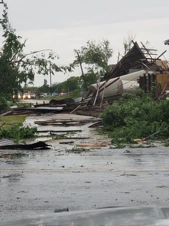 Debris seen in the aftermath of a tornado in Franklin, Texas, U.S., in this image from social media dated April 13, 2019. CHUCK BATTEN/via REUTERS