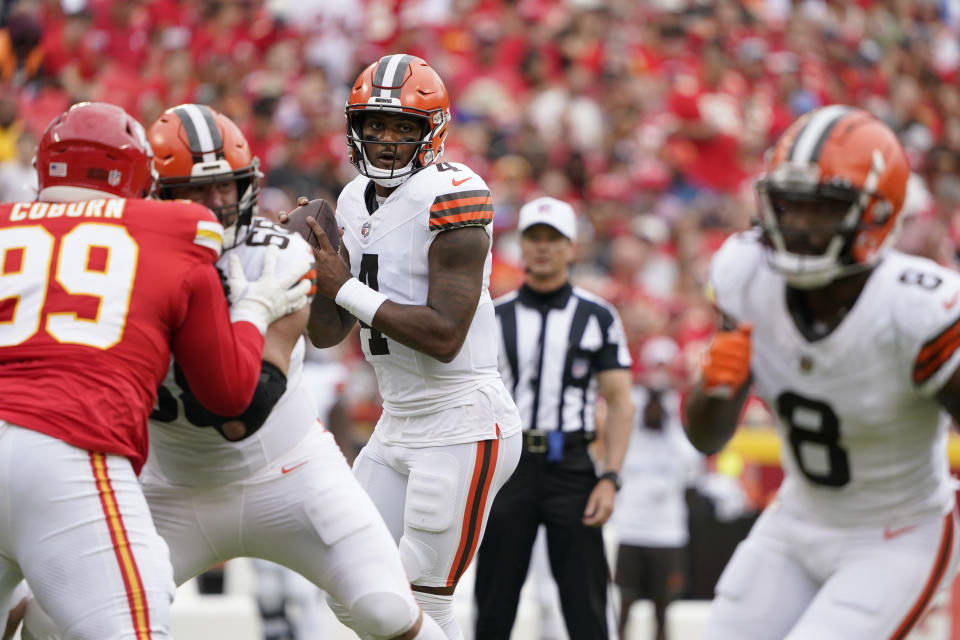 Cleveland Browns quarterback Deshaun Watson drops back to pass during the first half of an NFL preseason football game against the Kansas City Chiefs Saturday, Aug. 26, 2023, in Kansas City, Mo. (AP Photo/Ed Zurga)