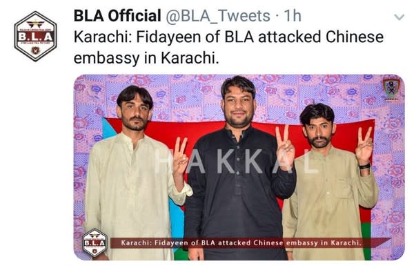 2018年11月23日，中國駐巴基斯坦總領事館發生恐怖攻擊，俾路支解放軍（Balochistan Liberation Army）宣稱犯案，貼出3名嫌犯的照片。（Twitter/ BLA Official）