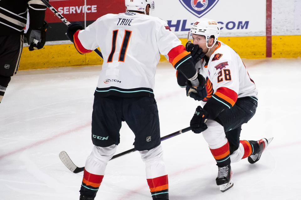 Coachella Valley's Jesper Froden (28) reacts after scoring in the third period of Game 4 of the Calder Cup Finals against Hershey at the Giant Center in Hershey, Pa., Thursday, June 15, 2023. The Bears won, 3-2, to even the series at two games apiece.