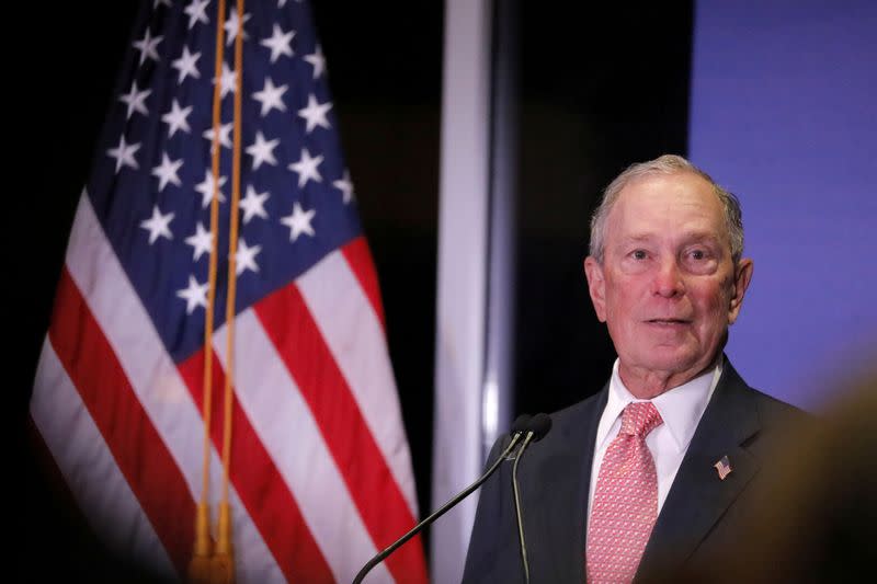 FILE PHOTO: Democratic U.S. presidential candidate Michael Bloomberg delivers remarks where he was honored by the Iron Hills Civic Association at the Richmond County Country Club in Staten Island, New York