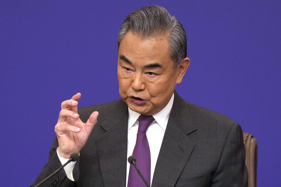 Chinese Foreign Minister Wang Yi speaks during a press conference on the sideline of the National People's Congress in Beijing, Thursday, March 7, 2024. (AP Photo/Ng Han Guan)