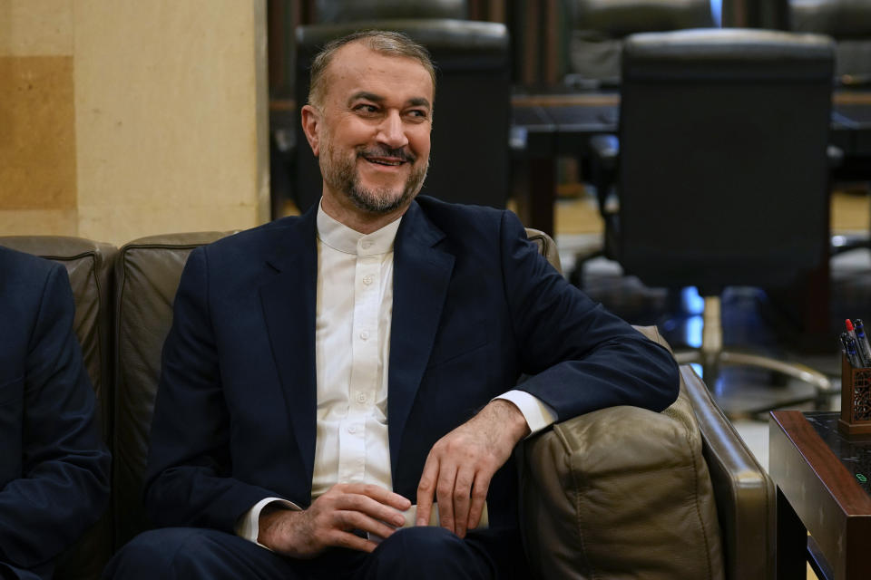 Iranian Foreign Minister Hossein Amirabdollahian speaks during his meeting with Lebanese caretaker Prime Minister Najib Mikati in Beirut, Lebanon, Saturday, Feb. 10, 2024. (AP Photo/Bilal Hussein)