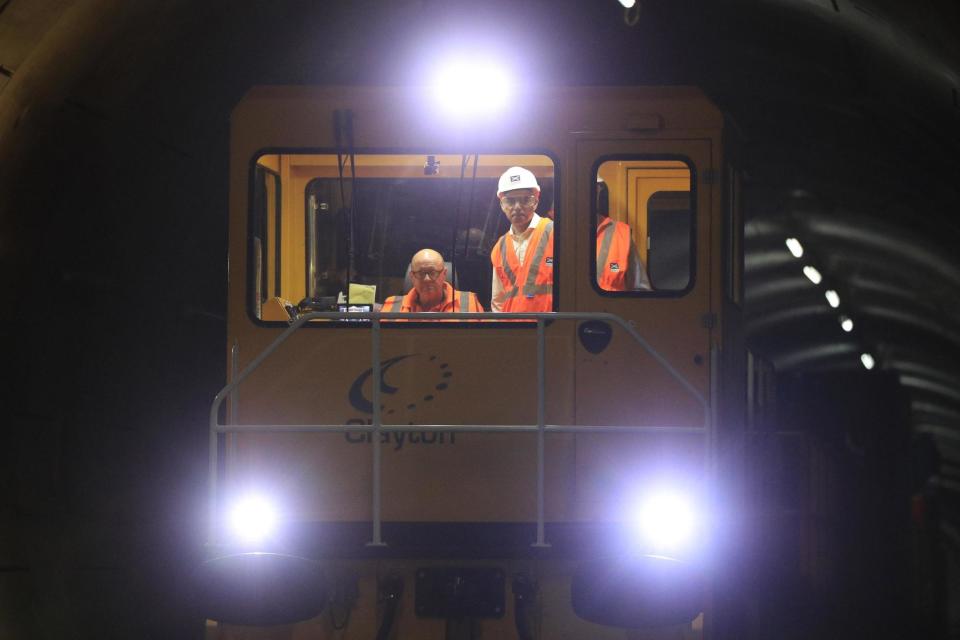 Sadiq Khan in a Clayton locomotive at Custom House in London to ride the Elizabeth line for first time (PA Archive/PA Images)