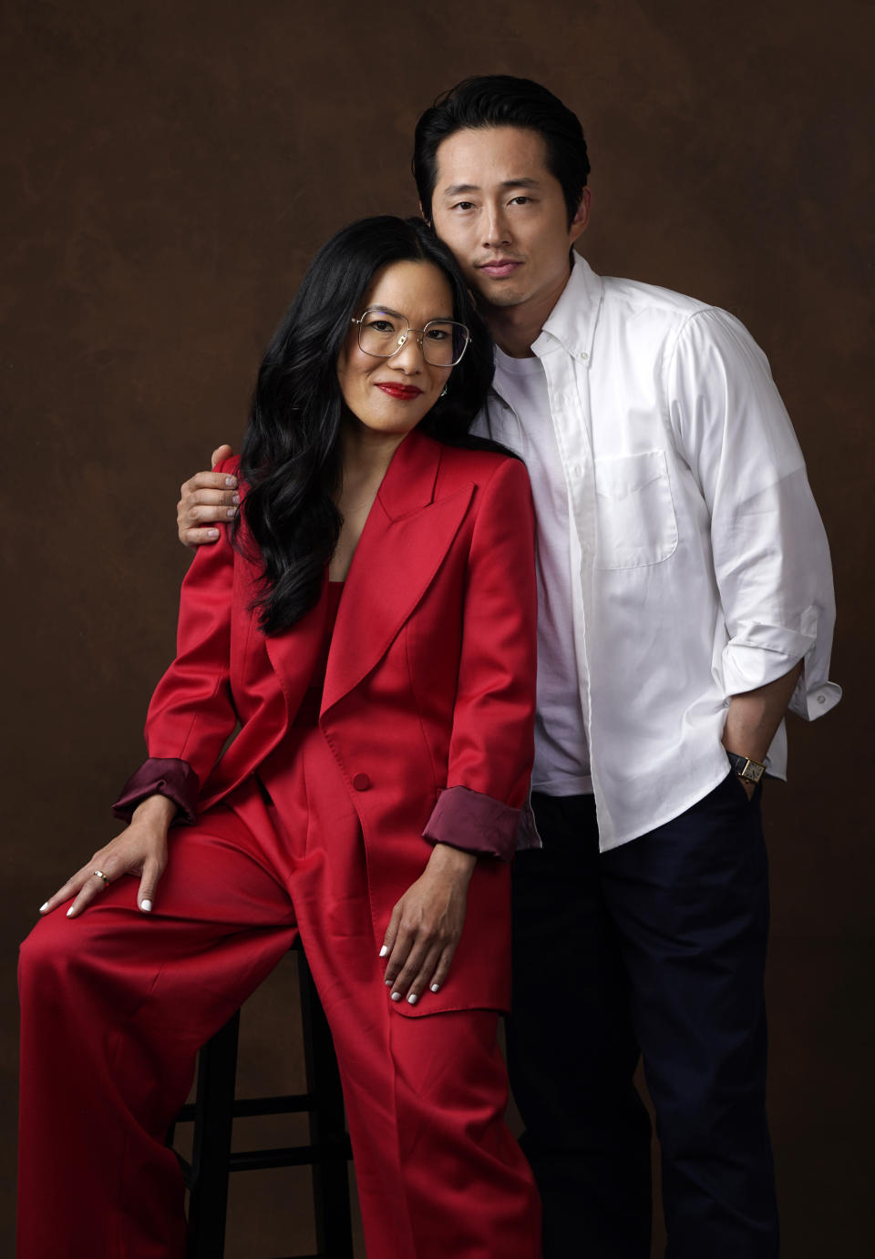 Ali Wong, left, and Steven Yeun, the co-stars of the Netflix series "Beef," pose together for a portrait, Tuesday, March 28, 2023, at the London Hotel in West Hollywood, Calif. (AP Photo/Chris Pizzello)