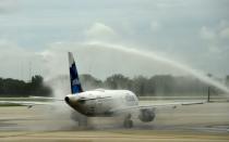 A JetBlue plane departs for Cuba from Fort Lauderdale, Florida, on August 31, 2016