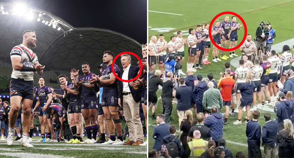 Melbourne Storm players, pictured here joining a guard of honour for Jared Waerea-Hargreaves and Luke Keary. 