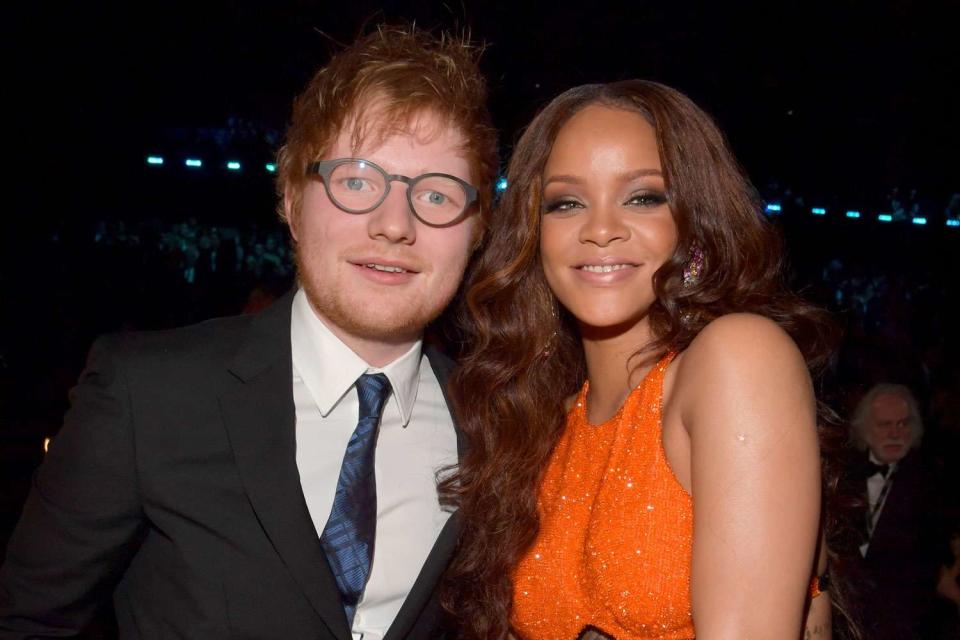 <p> Lester Cohen/Getty</p> Ed Sheeran and Rihanna at the Grammys in Los Angeles in February 2017